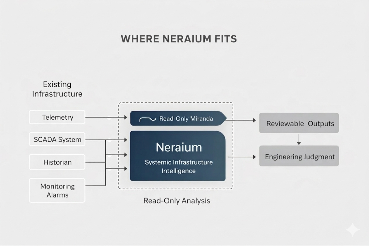 Diagram showing where Neraium fits alongside telemetry sources and operational workflows